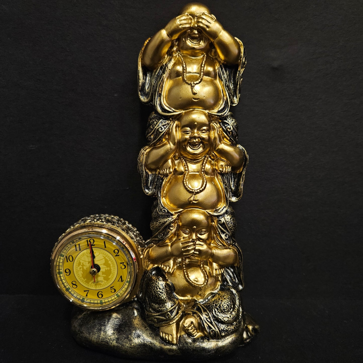 Hear No See No Speak No Evil Stacked Resin Laughing Buddha Statue with Desktop clock Lovely Religion and Spirituality Buddhism Statues and Figures