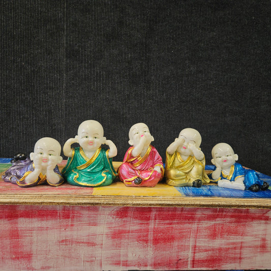 Laughing Buddha Monks Buddhist Figurines Idol Decorative Showpiece 5 piece set No Evil Statues For Good Luck Prosperity Wealth Success Home and Office Decor House Warming