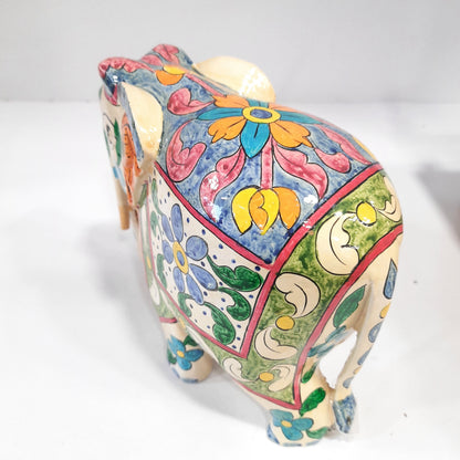 Wooden Elephant Fat T/D W/Blue & White Paint