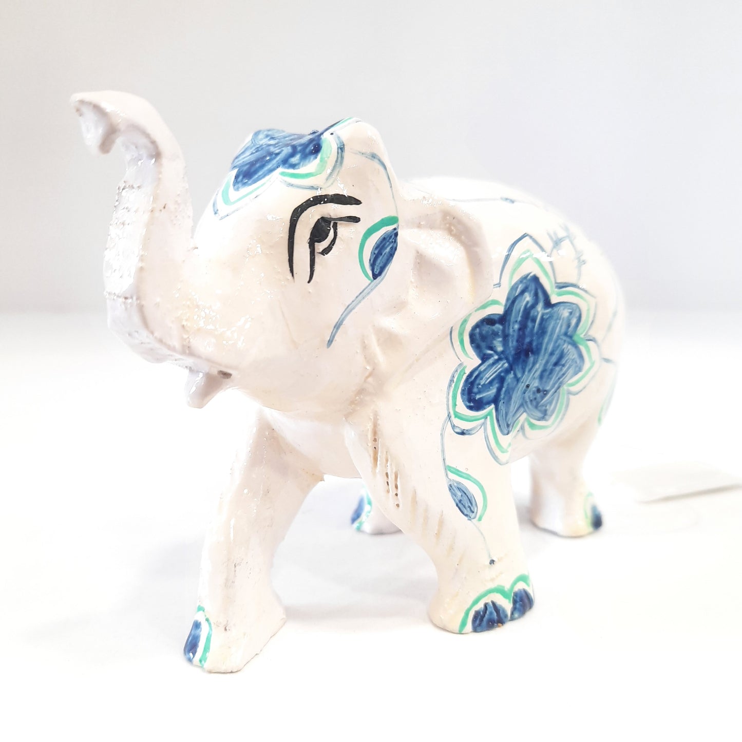 Wooden Elephant W/Blue Flower Paint