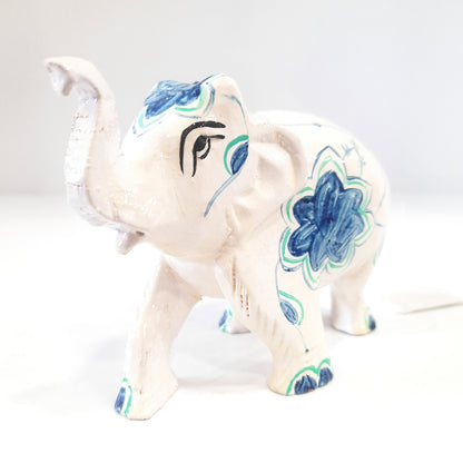 Wooden Elephant W/Blue Flower Paint