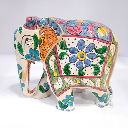 Wooden Elephant Fat T/D W/Blue & White Paint