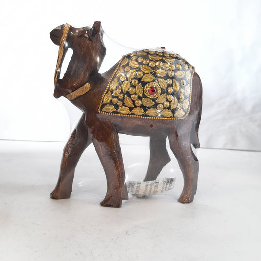 Wooden Camel W/Golden Chitton Work Oxod