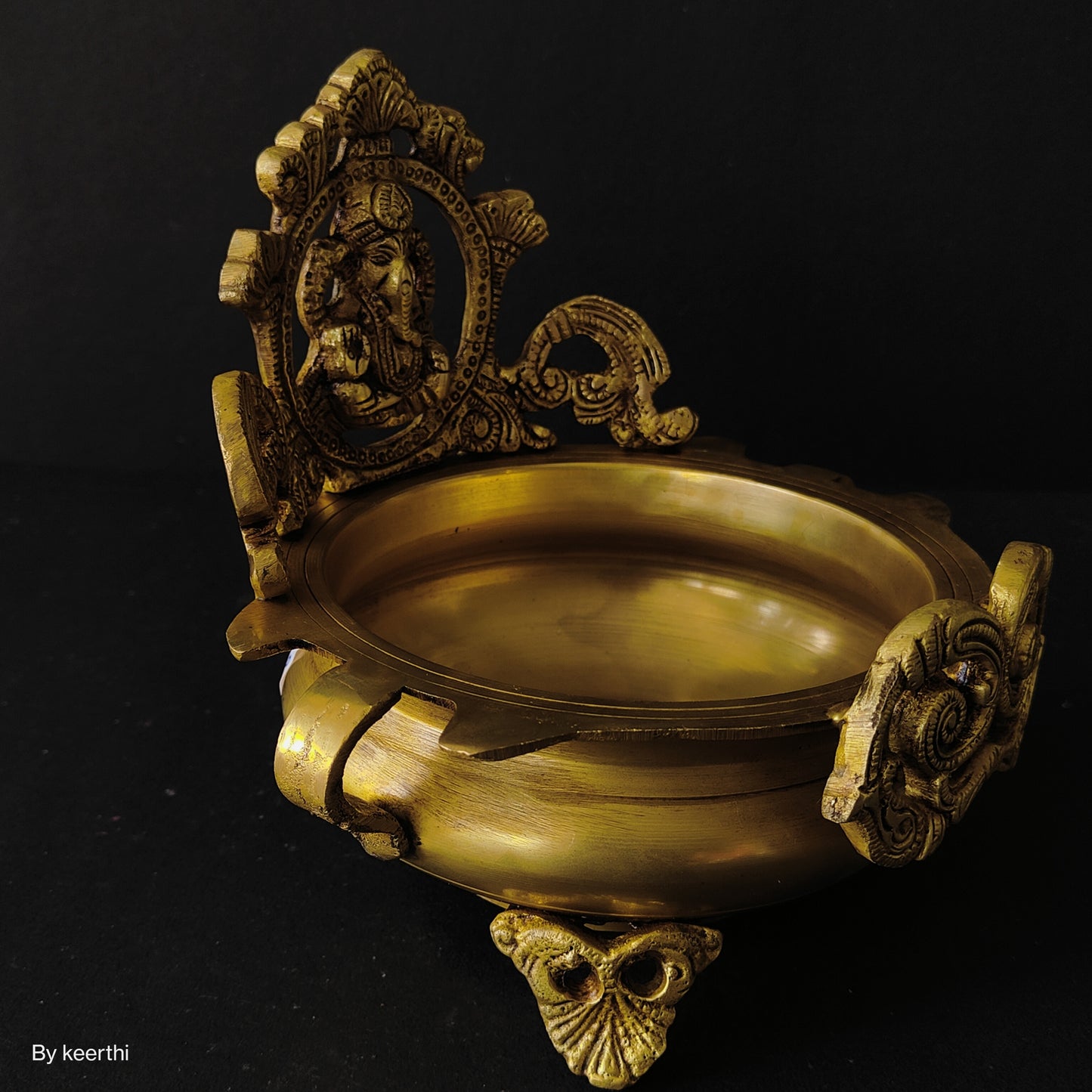 Two Moustaches Brass Ethnic Carved Ganesha Design Brass Urli Decor Bowl