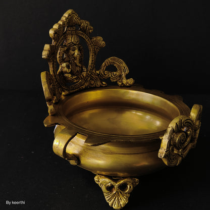 Two Moustaches Brass Ethnic Carved Ganesha Design Brass Urli Decor Bowl