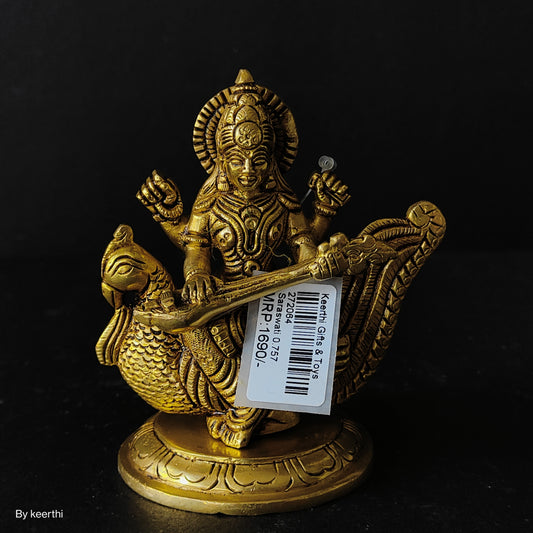 Goddess Saraswati Plays Veena on Her Swan In Brass