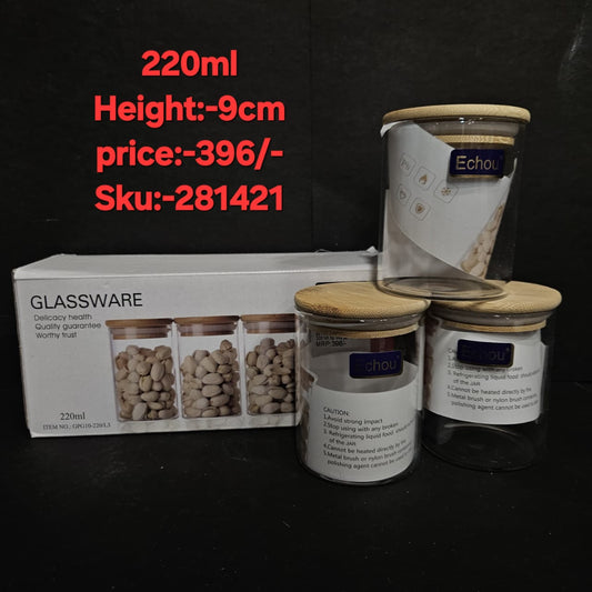 220ml Borosilicate Wooden Lid Glass Jars of 3 Piece Set Packing used Like Storges and Candle Making Jars
