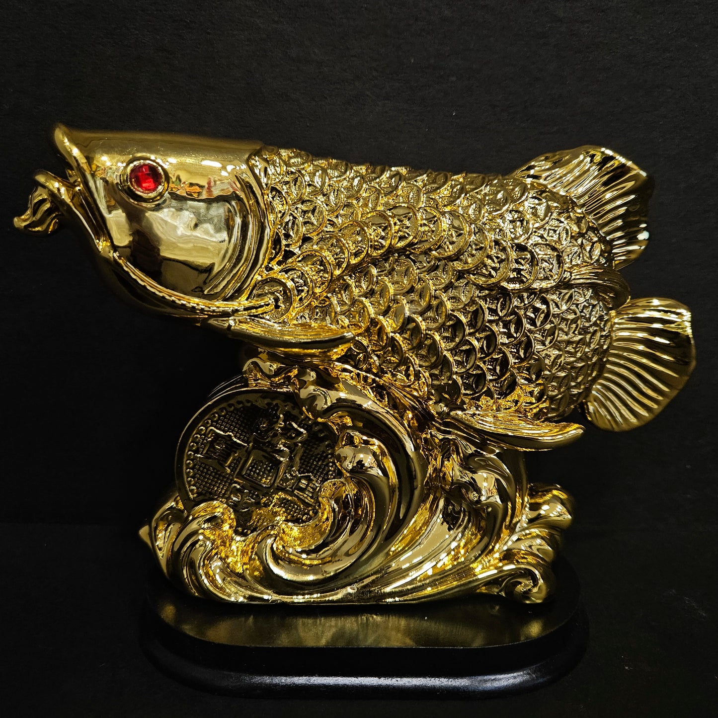 Exclusive Golden Fengshui Arowana Fish with Coins Showpiece for Office Decor and Home Decoration