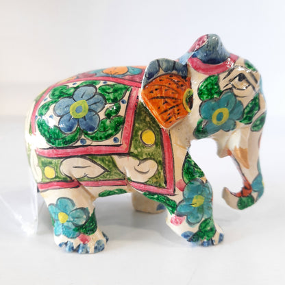 Wooden Elephant Fat T/D W/Blue & White Paint