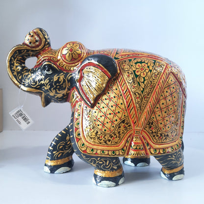 Paper Machie Elephant Saluting Wood Black Gold Paint