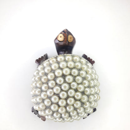 Wooden Turtle W/Pearl And Silver Paint