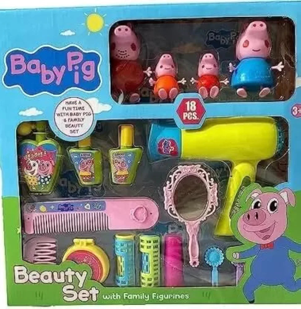 Baby pig have a fun time with baby pig&family Beauty Set with 18pieces family figurines for kids above 3 years old
