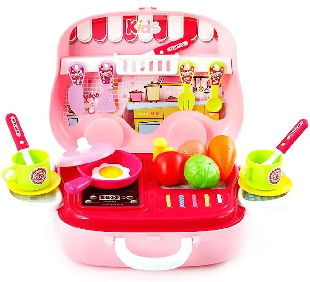 Kitchen on Wheels Plastic Cooking Pretend Play Kitchen Toy Set for Boys and Girls Suitcase Bag with Wheels, Food Party Role Play for Kids