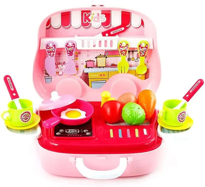 Kitchen on Wheels Plastic Cooking Pretend Play Kitchen Toy Set for Boys and Girls Suitcase Bag with Wheels, Food Party Role Play for Kids