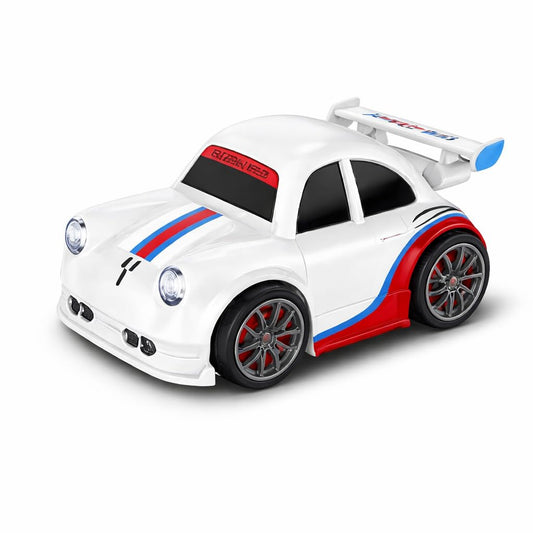 White toy race car with red and blue accents on a white background