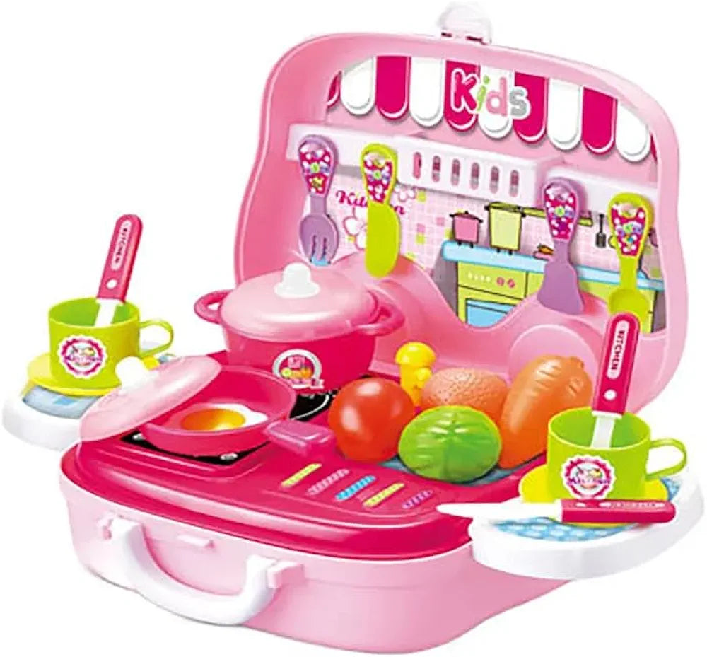 Kitchen on Wheels Plastic Cooking Pretend Play Kitchen Toy Set for Boys and Girls Suitcase Bag with Wheels, Food Party Role Play for Kids