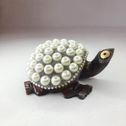 Wooden Turtle W/Pearl And Silver Paint