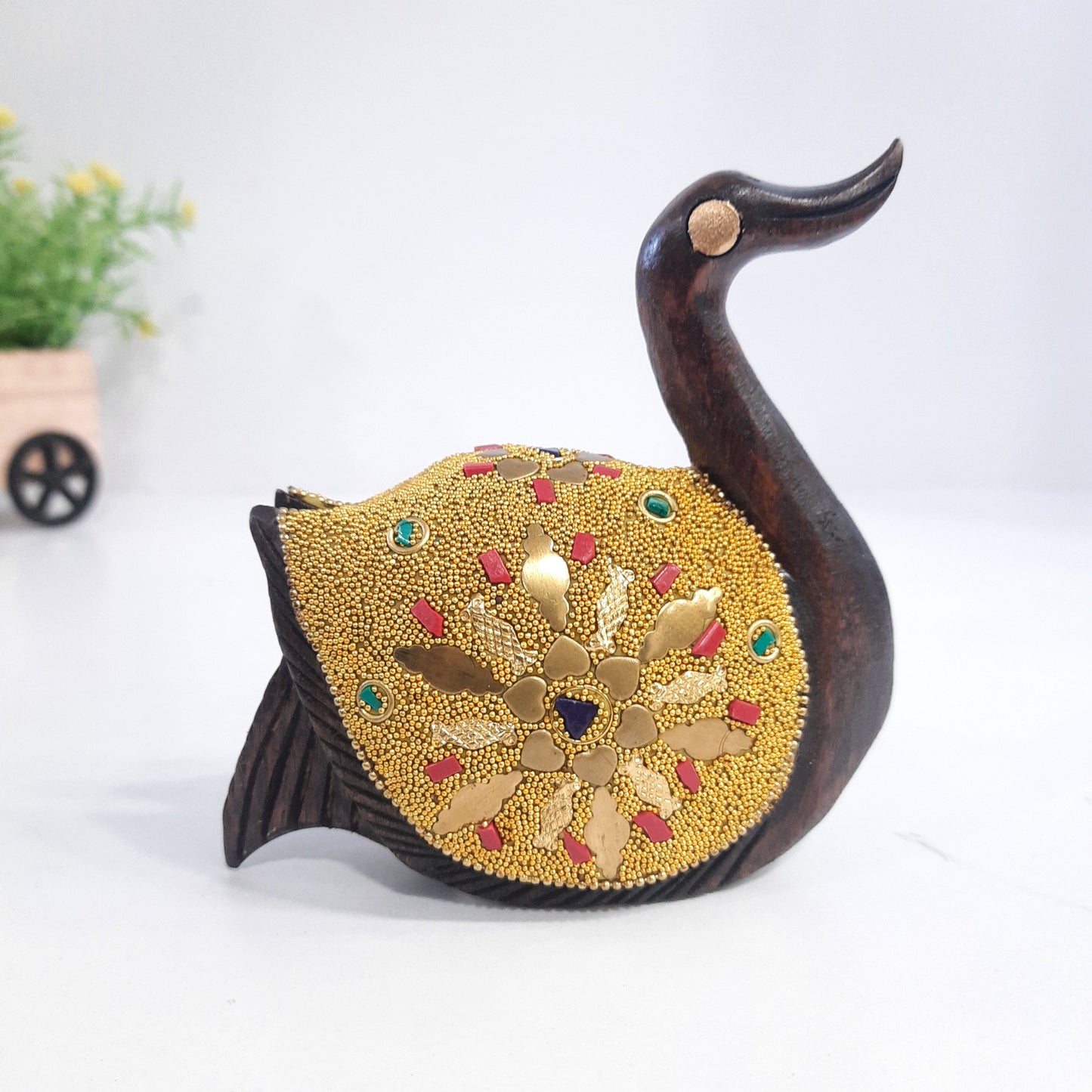 Wooden Duck Golden Microbead & Brass Chip Texured