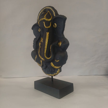Paper Machie Ganesh on Base Wooden Black Gold Finish