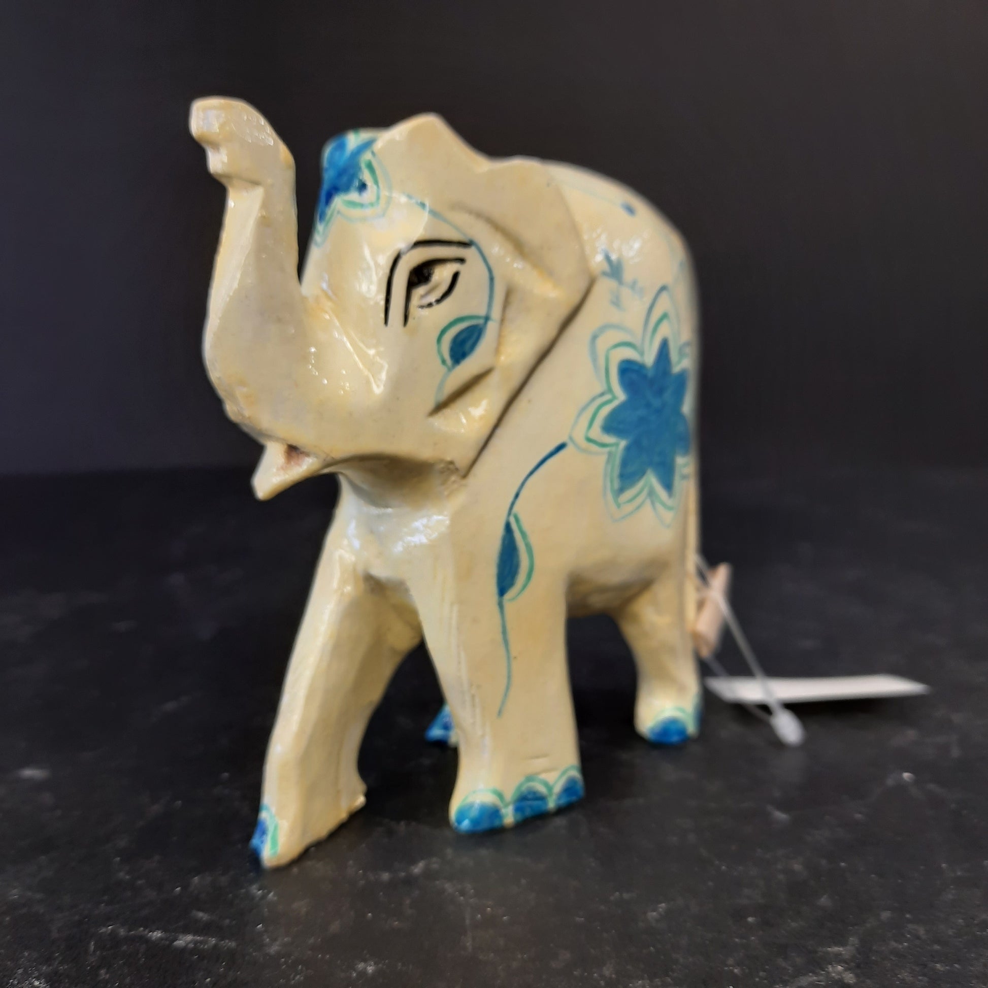 Wooden Elephant W/Blue Flower Paint