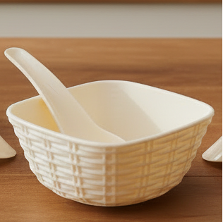 Set of white ceramic bowls with handles on a wooden surface