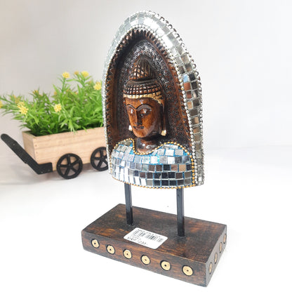 Wooden Gautam Buddha Carved in Rock W/Base & Glass