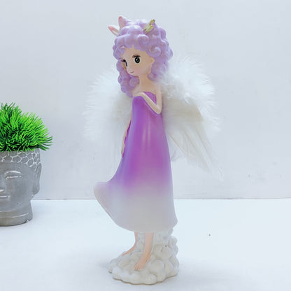 Angel girl with ears or horns on a cloud wings feather