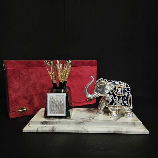 Silver plated elephant with ram darbar pen stand for home decor