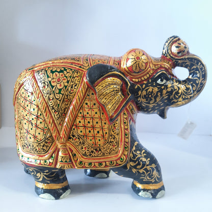 Paper Machie Elephant Saluting Wood Black Gold Paint