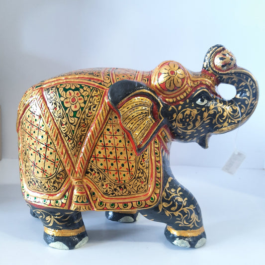 Paper Machie Elephant Saluting Wood Black Gold Paint