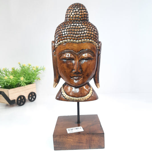 Wooden Gautam Buddha Bust on Base