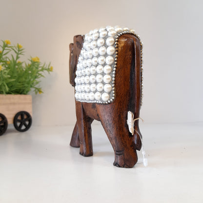 Wooden Elephant W/Pearl And Silver Paint