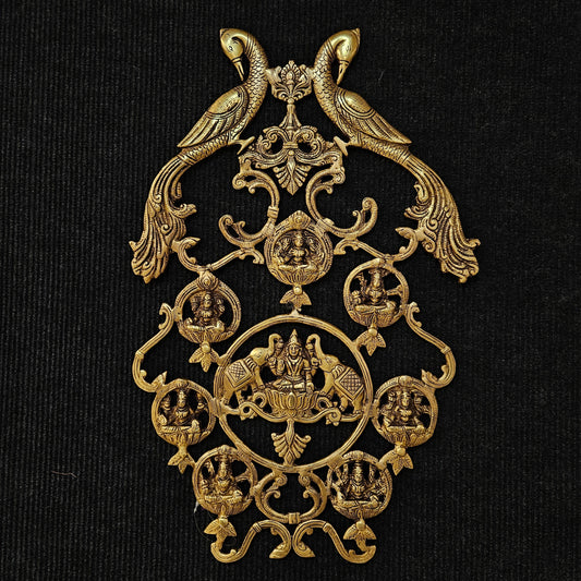 antique Brass Goddess Ashtalakshmi Wall Hanging with Peacocks Ashta Lakshmi home Decor