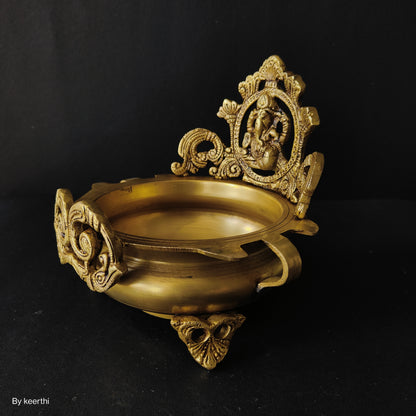 Two Moustaches Brass Ethnic Carved Ganesha Design Brass Urli Decor Bowl