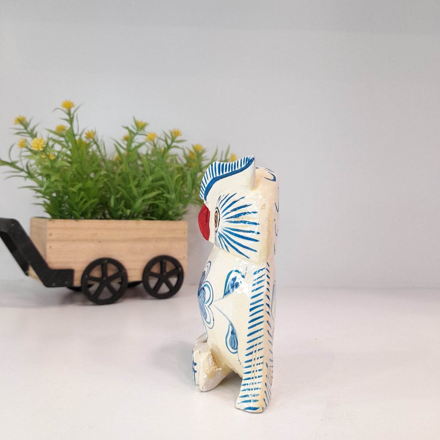 Wooden Owl F. Pose W/Blue Flower Paint