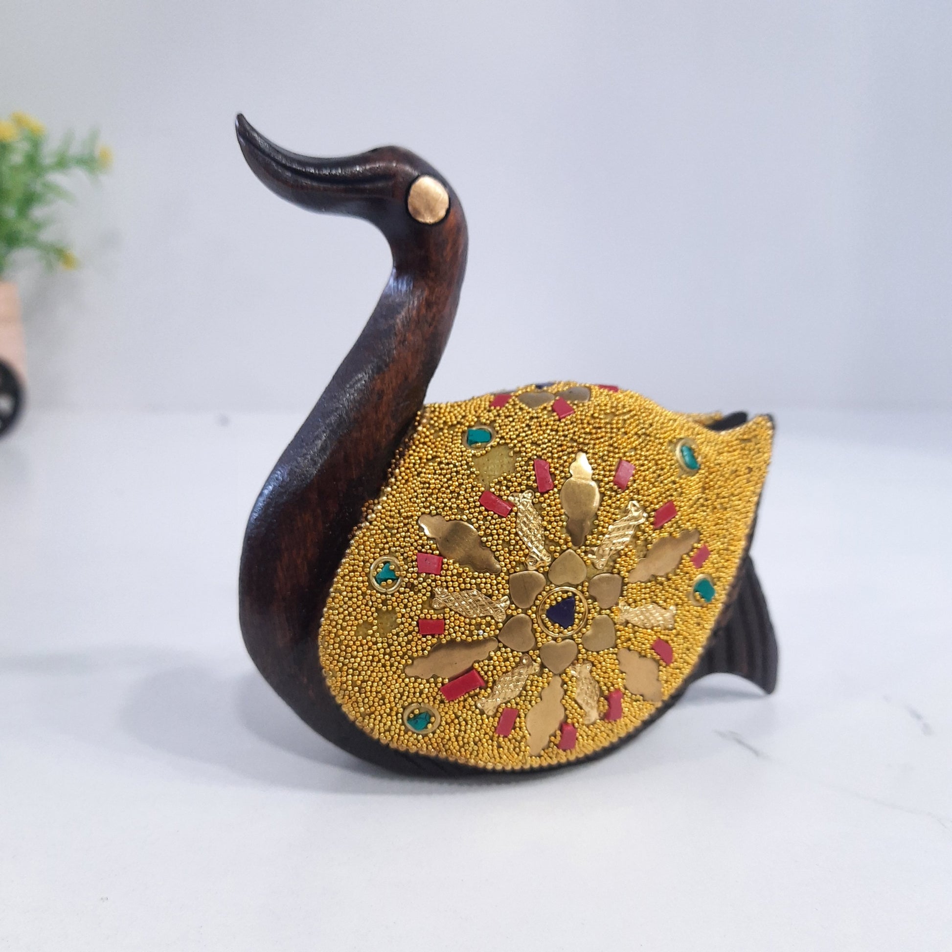 Wooden Duck Golden Microbead & Brass Chip Texured