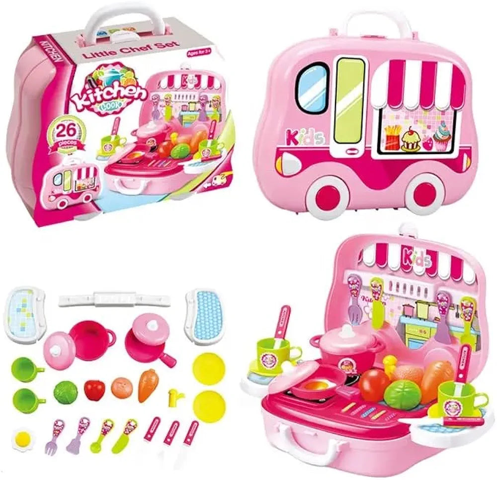 Kitchen on Wheels Plastic Cooking Pretend Play Kitchen Toy Set for Boys and Girls Suitcase Bag with Wheels, Food Party Role Play for Kids