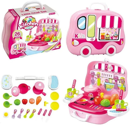 Kitchen on Wheels Plastic Cooking Pretend Play Kitchen Toy Set for Boys and Girls Suitcase Bag with Wheels, Food Party Role Play for Kids