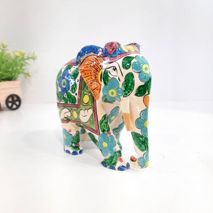 Wooden Elephant Fat T/D W/Blue & White Paint