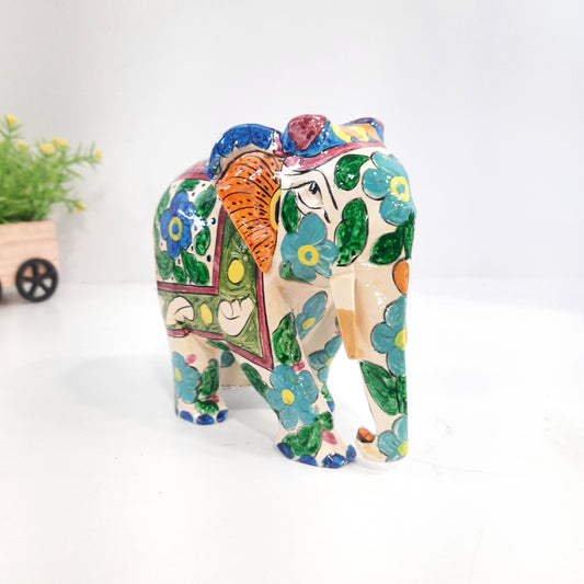 Wooden Elephant Fat T/D W/Blue & White Paint