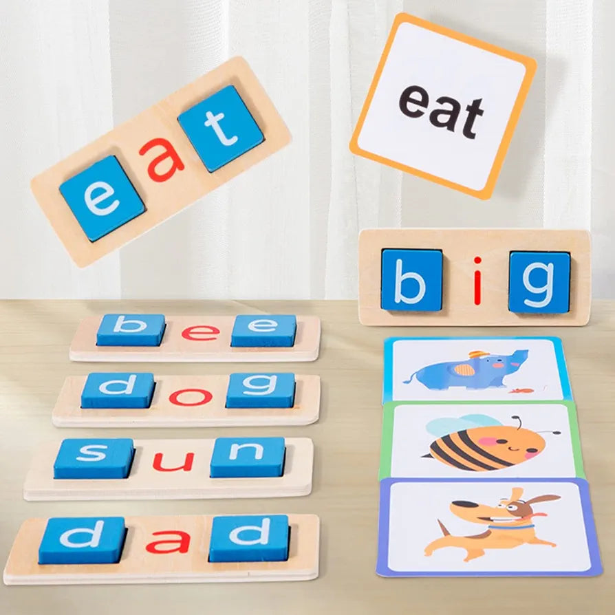 Wooden Reading Blocks Wooden Word Spelling Games Educational Spelling Games Preschool Montessori Word Reading for Years Old Kids Kindergarten Sight Words Flash Cards Alphabet Learning Toy for Toddlers
