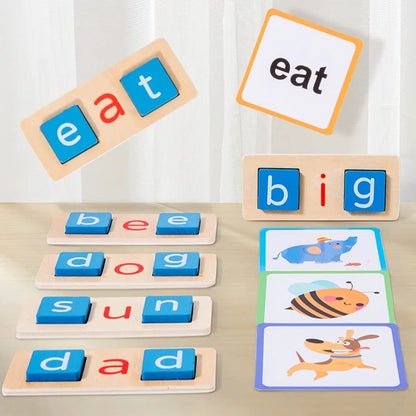 Wooden Reading Blocks Wooden Word Spelling Games Educational Spelling Games Preschool Montessori Word Reading for Years Old Kids Kindergarten Sight Words Flash Cards Alphabet Learning Toy for Toddlers