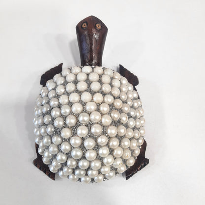 Wooden Turtle W/Pearl And Silver Paint