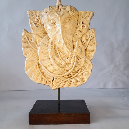 Paper Machie Ganesh Leaf on Base Antique Painted show piece