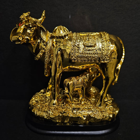 Kamadhenu Cow and Calf Gold Elegant Cow and Calf Statue Standing Cow with Calf idol showpiece Figurine