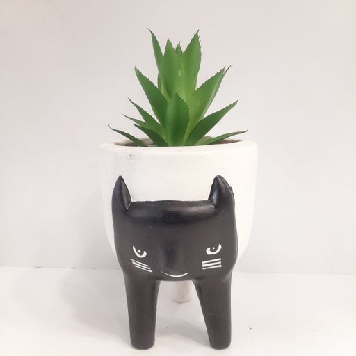 Kitten Cat Planter, Decorative Ceramic Flower Pot with Handle, Black and White, for Indoor and Outdoor