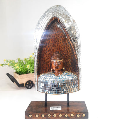 Wooden Gautam Buddha Carved in Rock W/Base & Glass