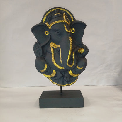 Paper Machie Ganesh on Base Wooden Black Gold Finish