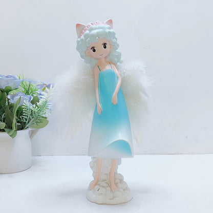 Angel girl with ears or horns on a cloud wings feather