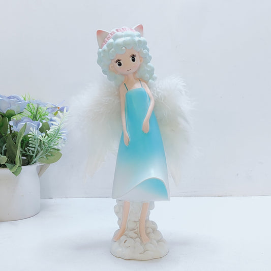 Angel girl with ears or horns on a cloud wings feather